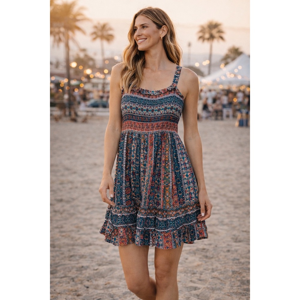 Angie Multicolor Boho Mini Dress with Ruffle Hem